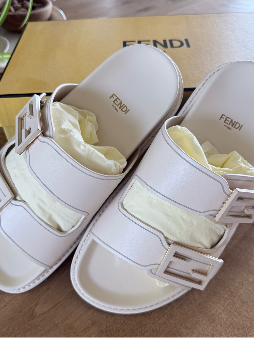 Fendi Cream Leather Double-Strap Logo Buckle Slides